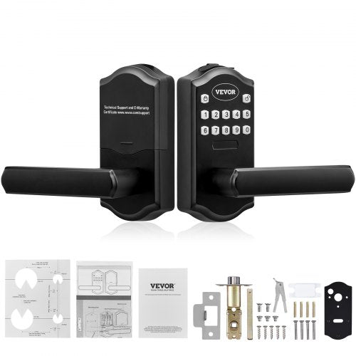 Matte black keyless door lock with electronic keypad, lever handles, and installation accessories.