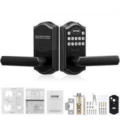 Matte black keyless door lock with electronic keypad, lever handles, and installation accessories.