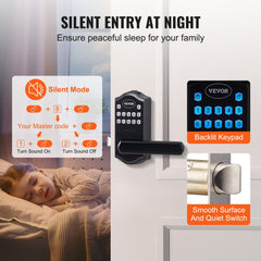 Matte black Bostome keyless entry door lock with electronic keypad lever and silent mode.