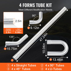 16-piece exhaust pipe kit with various shapes in low-carbon steel for vehicle customization.