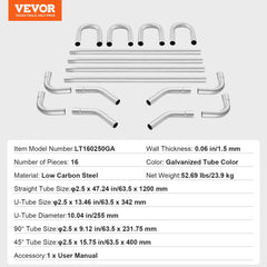 16-piece exhaust pipe kit in low-carbon steel with various shapes for customization.