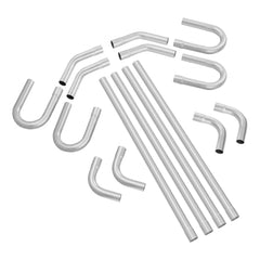 16-piece exhaust pipe kit with various shapes in 2.5" low-carbon steel for vehicle customization.