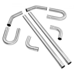 Assortment of 8 stainless steel 2.5-inch exhaust pipes including straights, 45-degree, 90-degree, and U-bends.