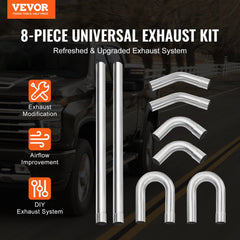 8-piece universal stainless steel exhaust pipe kit with 2.5-inch diameter tubes.