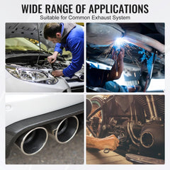 Collage showing DIY installation of 8-piece stainless steel exhaust pipe kit on cars, including bending, welding, and vehicle undercarriage views.