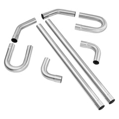 Assortment of 8 stainless steel exhaust pipes including straights, elbows, and U-bends.