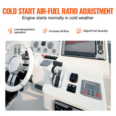 Diagram showing cold start air-fuel ratio adjustment for Mercury PT 2-stroke outboard, with boat dashboard view.