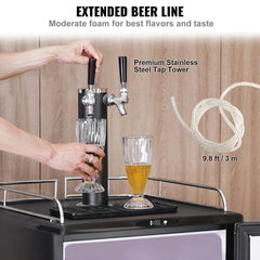 Black full-size kegerator with dual stainless steel taps and digital temperature control.
