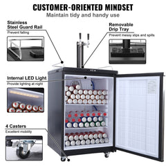 Black dual tap kegerator with stainless steel taps and digital temperature control.