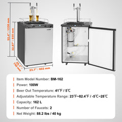 Bostome Full Size Kegerator with dual taps and digital temperature control for draft beer dispensing.