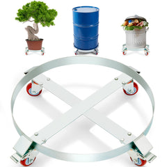 Heavy duty steel drum dolly with four swivel casters and brakes for 55-gallon drums.