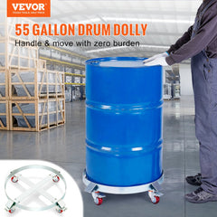Heavy-duty steel drum dolly with 1000 lbs capacity and four swivel casters for easy movement.