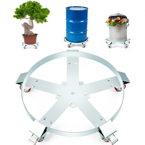 Heavy-duty steel drum dolly with 1250lbs capacity and five swivel casters for easy mobility.