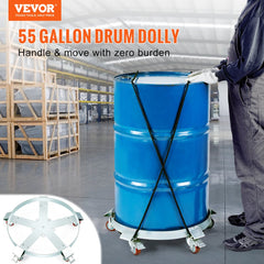 Heavy-duty steel drum dolly with 1250lbs capacity and five swivel casters for easy mobility.