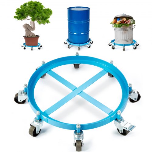 Heavy duty steel drum dolly with 2000lbs capacity and eight swivel casters for easy maneuvering.