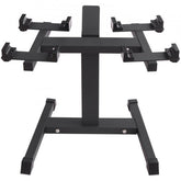 Bostome Adjustable Dumbbell Stand with media holder and anti-slip rubber foot pads.