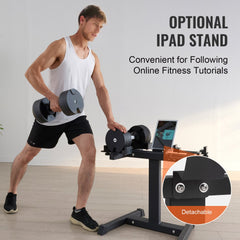 Bostome Adjustable Dumbbell Stand with a sturdy frame and integrated media holder for workouts.