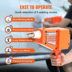 Orange 800W stud welder handheld tool with 5 mode selector dial and cable.