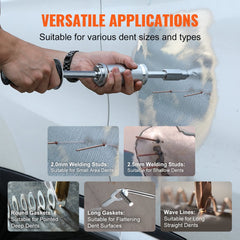 Hand holding Bostome 800W stud welder showing 5 modes for various dent repairs.