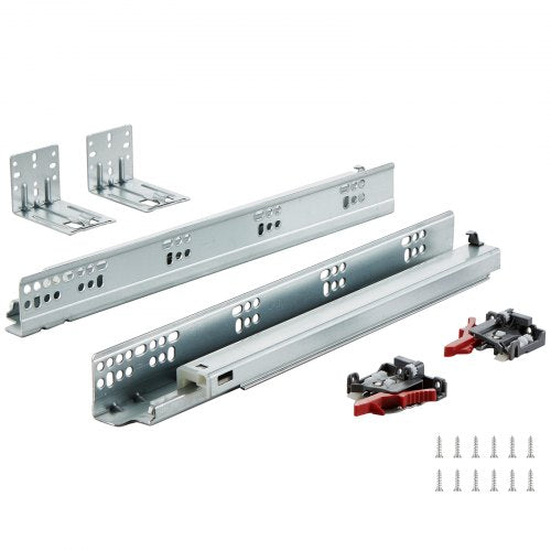 Six pairs of 15-inch heavy-duty soft-close drawer slides in galvanized steel with mounting brackets and screws.
