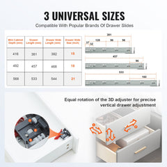 Diagram and close-up of 21 inch heavy-duty soft-close drawer slides with adjustment features.