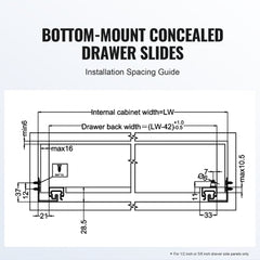 Diagram showing bottom-mount installation spacing for 18-inch concealed drawer slides, with cabinet and drawer width measurements.