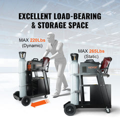 Bostome 2-tier welding cart with 4 drawers, swivel wheels, and dual gas cylinder slots.