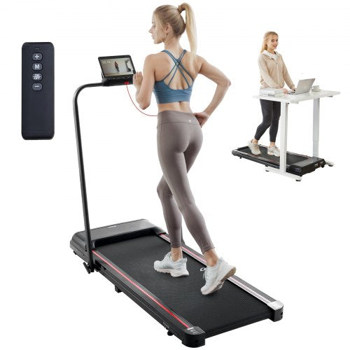 Matte black Bostome walking pad under desk treadmill with handlebar, remote, and women using it.