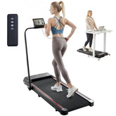 Matte black Bostome walking pad under desk treadmill with handlebar, remote, and women using it.