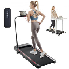 Matte black Bostome walking pad under desk treadmill with handlebar, remote, and women using it.