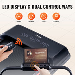 Matte black Bostome walking pad treadmill with LED display, remote control, and handlebar.