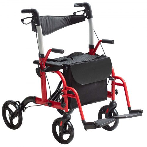 Lightweight aluminum rollator walker and transport chair with adjustable handles and all-terrain wheels.
