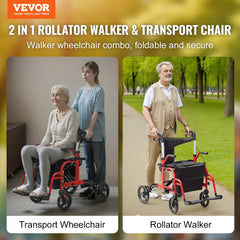 Lightweight aluminum rollator walker and transport chair with adjustable handles and all-terrain wheels.