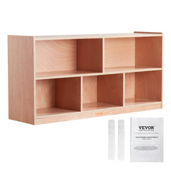 Five-section wood cubby storage cabinet in mahogany and aspen for kids' organization.