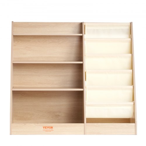 A 4-tier wooden kids bookshelf with open shelves and fabric sling storage pockets.