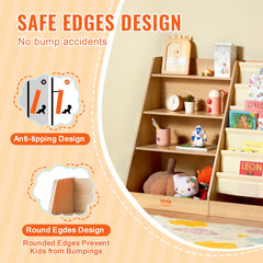 4-tier wooden kids bookshelf with rounded edges, anti-tip design, and sling storage pockets.