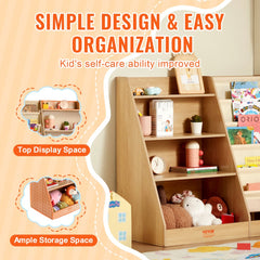 Wooden 4-tier kids bookshelf with sling storage holding toys, books, and stuffed animals.