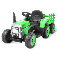 Green 12V kids ride-on tractor with detachable trailer and remote control for safe outdoor play.
