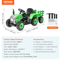 Green 12V kids ride-on tractor with detachable trailer and parental remote control.