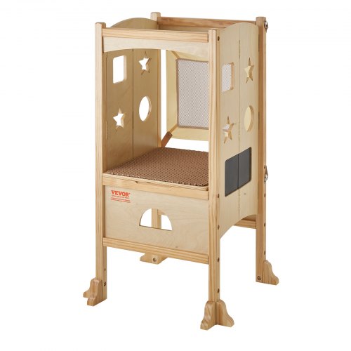 Wooden toddler kitchen step stool with adjustable height and folding design for easy storage.