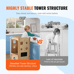 Wooden toddler kitchen step stool with three adjustable heights and safety guardrails.