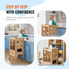 Bostome foldable toddler kitchen step stool with three adjustable heights and safety guardrails.