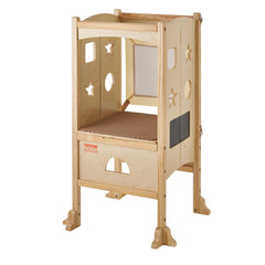 A wooden toddler kitchen step stool with three adjustable heights and a foldable design.