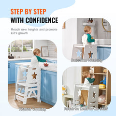 Bostome Bamboo Toddler Step Stool with three adjustable heights and safety rails for stability.