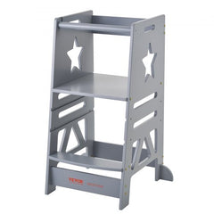 Gray bamboo toddler learning tower with three adjustable levels and safety features.