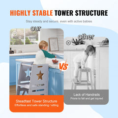 Gray bamboo toddler learning tower with three adjustable heights and safety features.