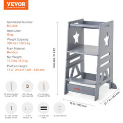 Gray bamboo toddler learning tower with three adjustable height levels and safety features.