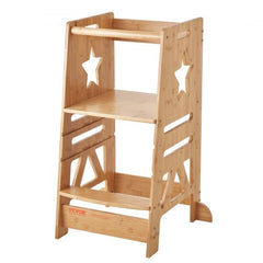 Bostome bamboo toddler step stool with three adjustable heights and safety rail for stability.