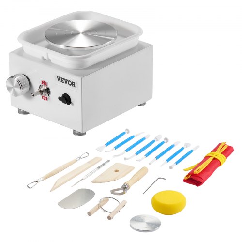 Compact white electric pottery wheel with adjustable speed and included tools for beginners.
