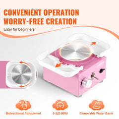 Pink mini electric pottery wheel with bi-directional speed control and included tool set.